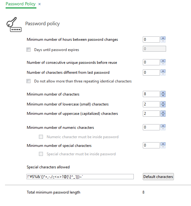 Password Policy view