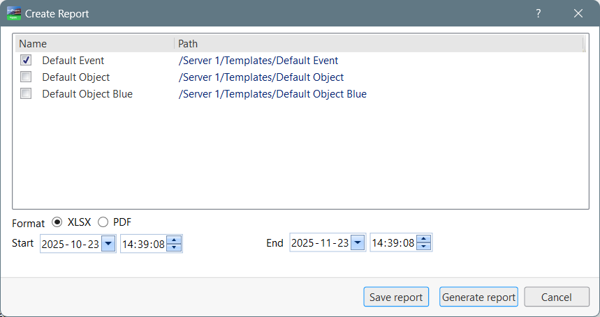 Create report dialog box